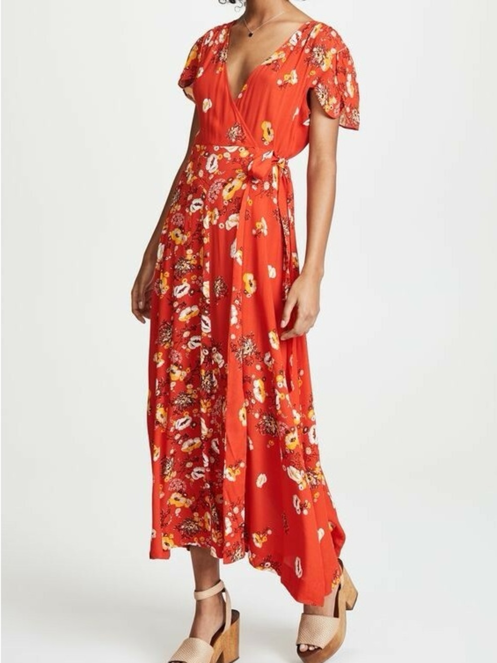 Free People Red Floral Jess Wrap Maxi Dress - Size S